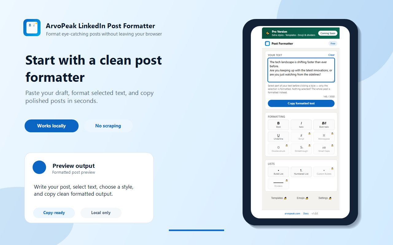 LinkedIn Post Formatter — Bold, Italic & Bullets by ArvoPeak screenshot 1